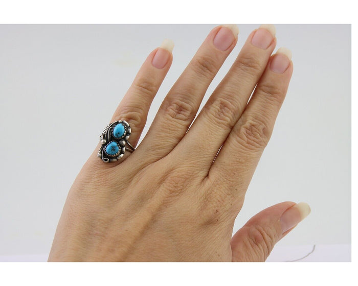 Navajo Ring 925 Silver Natural Blue Turquoise Artist Signed SC C.80's Size 4.0