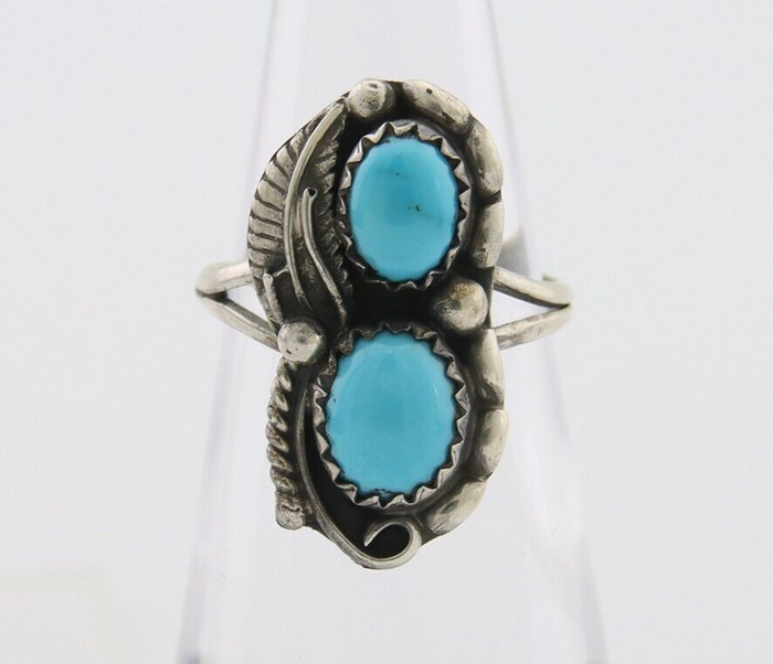 Navajo Ring 925 Silver Natural Blue Turquoise Artist Signed SC C.80's Size 4.5