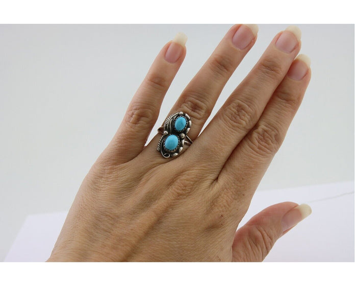 Navajo Ring 925 Silver Natural Blue Turquoise Artist Signed SC C.80's Size 4.5