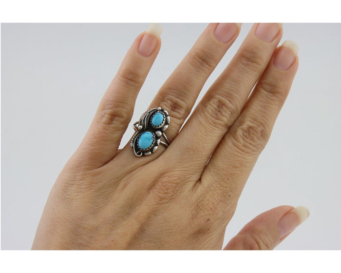 Navajo Ring 925 Silver Natural Blue Turquoise Artist Signed SC C.80's Size 5.5