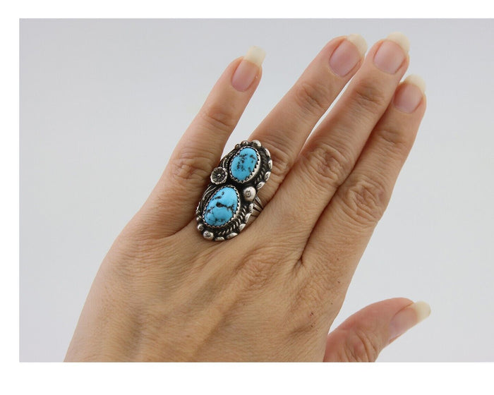 Navajo Ring 925 Silver Natural Blue Turquoise Artist Signed SC C.80's Size 5.5