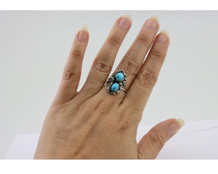 Navajo Ring 925 Silver Natural Blue Turquoise Artist Signed SC C.80's Size 5.75