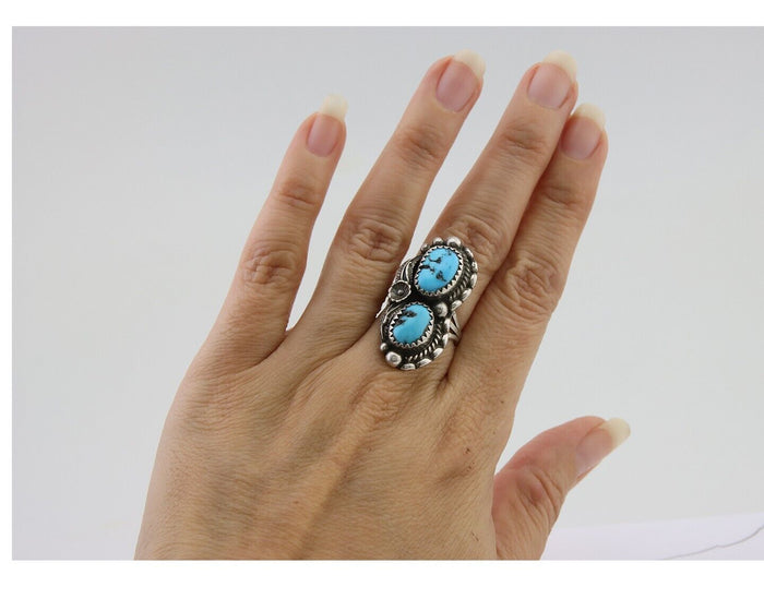 Navajo Ring 925 Silver Natural Blue Turquoise Artist Signed SC C.80's Size 5.75