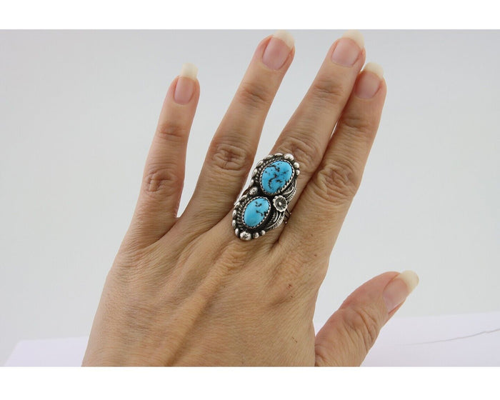 Navajo Ring 925 Silver Natural Blue Turquoise Artist Signed SC C.80's Size 5.75