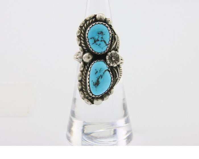 Navajo Ring 925 Silver Natural Blue Turquoise Artist Signed SC C.80's Size 6.0