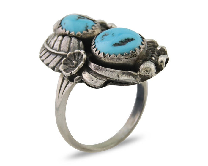 Navajo Ring 925 Silver Natural Blue Turquoise Artist Signed SC C.80's Size 6.75