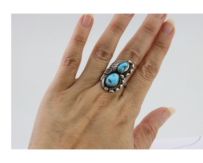 Navajo Ring 925 Silver Natural Blue Turquoise Artist Signed SC C.80's Size 6.75