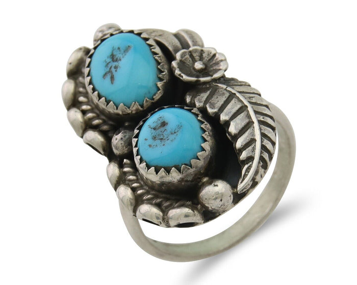 Navajo Ring 925 Silver Natural Blue Turquoise Artist Signed SC C.80's Size 7.0