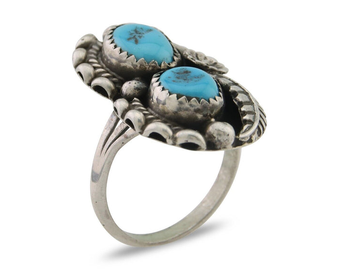 Navajo Ring 925 Silver Natural Blue Turquoise Artist Signed SC C.80's Size 7.0