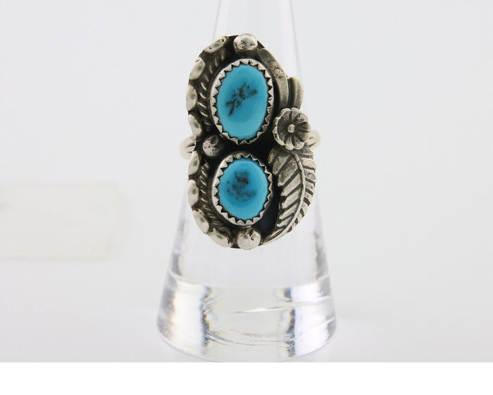 Navajo Ring 925 Silver Natural Blue Turquoise Artist Signed SC C.80's Size 7.0