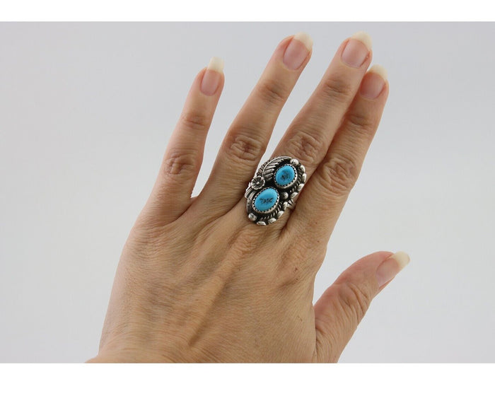 Navajo Ring 925 Silver Natural Blue Turquoise Artist Signed SC C.80's Size 7.0