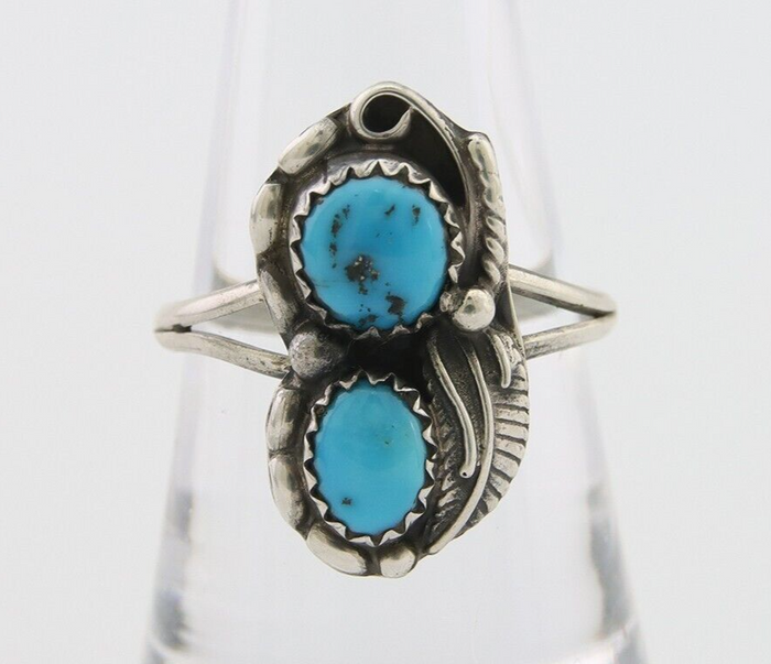 Navajo Ring 925 Silver Natural Blue Turquoise Artist Signed SC C.80's Size 8.75