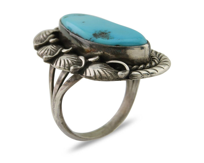 Navajo Ring 925 Silver Natural Blue Turquoise Artist Signed Thomas C.80's