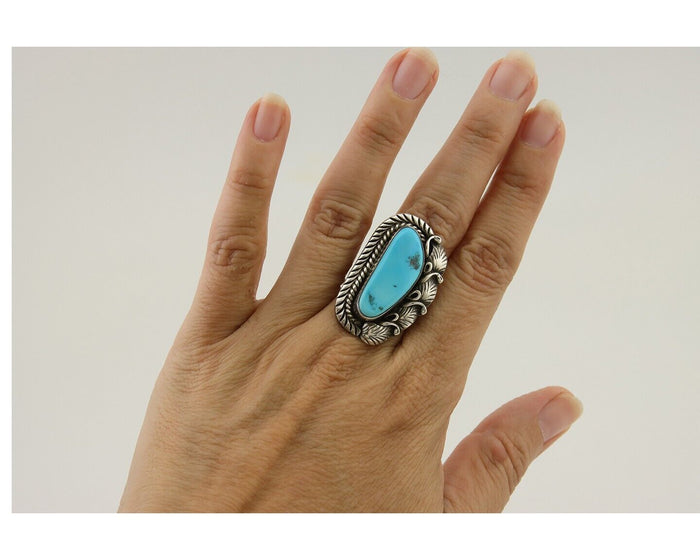 Navajo Ring 925 Silver Natural Blue Turquoise Artist Signed Thomas C.80's