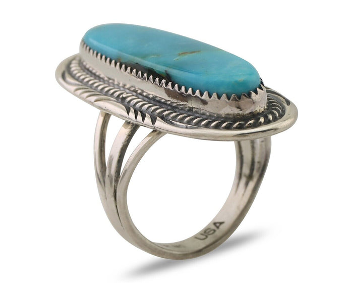 Navajo Ring 925 Silver Natural Blue Turquoise Artist Signed USA C.80's