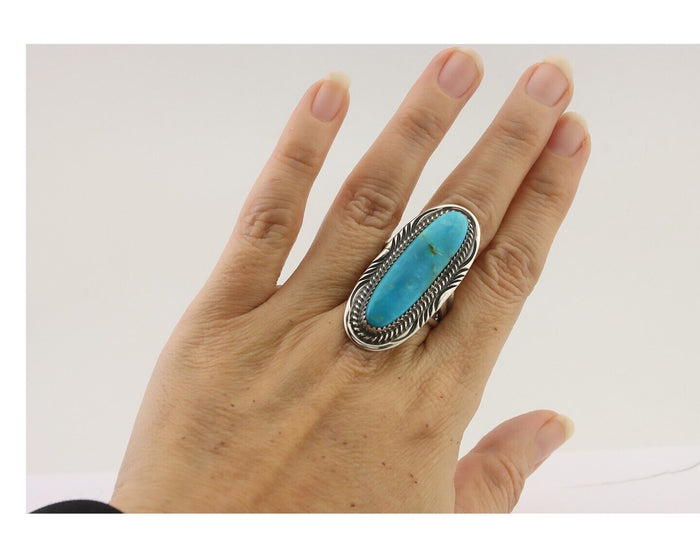 Navajo Ring 925 Silver Natural Blue Turquoise Artist Signed USA C.80's
