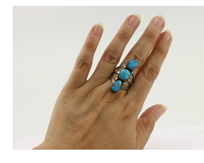 Navajo Ring 925 Silver Natural Blue Turquoise Native American Artist C.80's