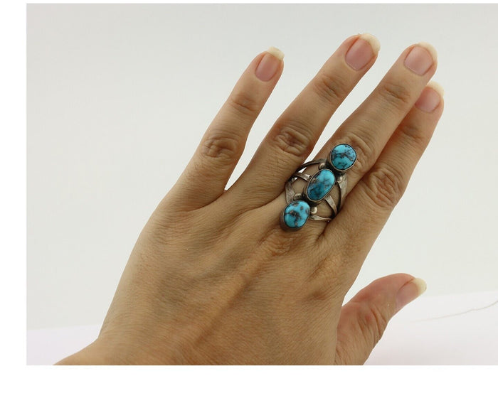 Navajo Ring 925 Silver Natural Blue Turquoise Native American Artist C.80's
