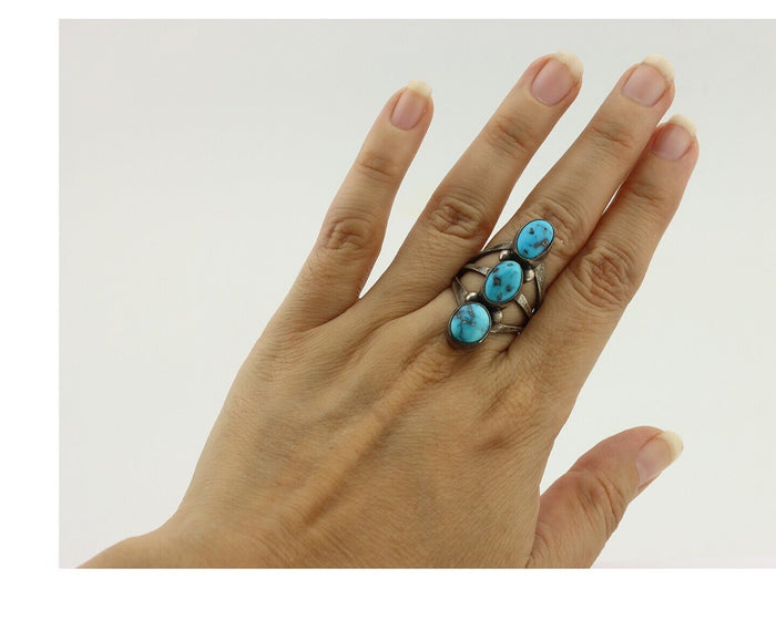 Navajo Ring 925 Silver Natural Blue Turquoise Native American Artist C.80's