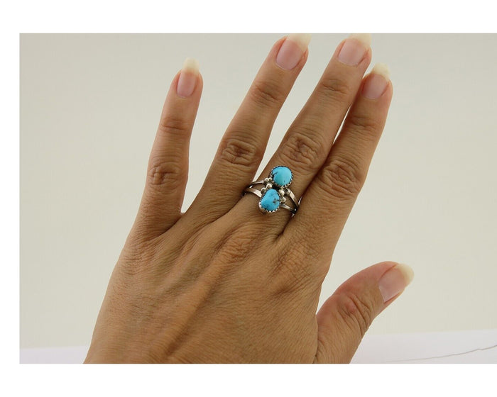 Navajo Ring 925 Silver Natural Blue Turquoise Native American Artist C.80's