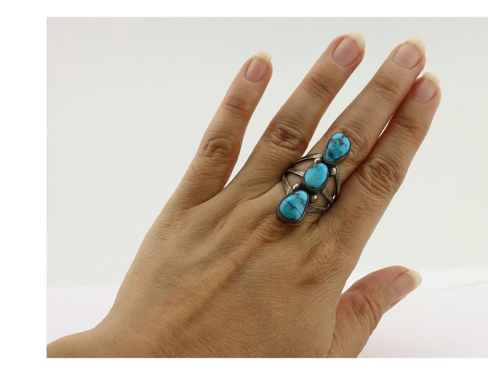 Navajo Ring 925 Silver Natural Blue Turquoise Native American Artist C.80's