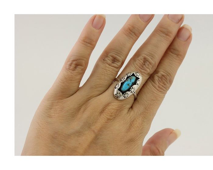 Navajo Ring 925 Silver Natural Blue Turquoise Native American Artist C.80's