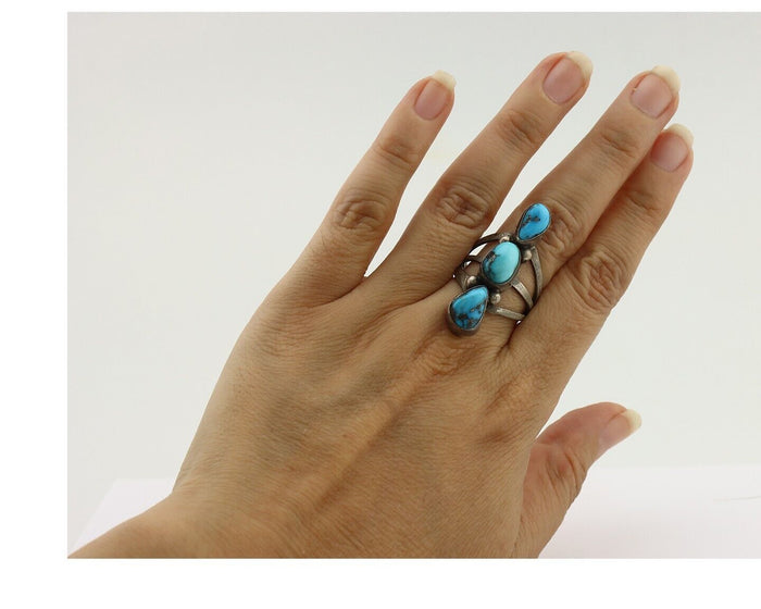 Navajo Ring 925 Silver Natural Blue Turquoise Native American Artist C.80's