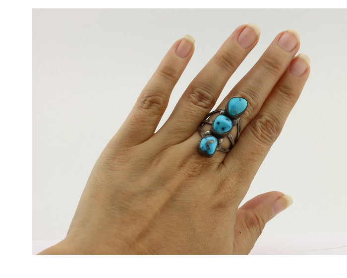 Navajo Ring 925 Silver Natural Blue Turquoise Native American Artist C.80's