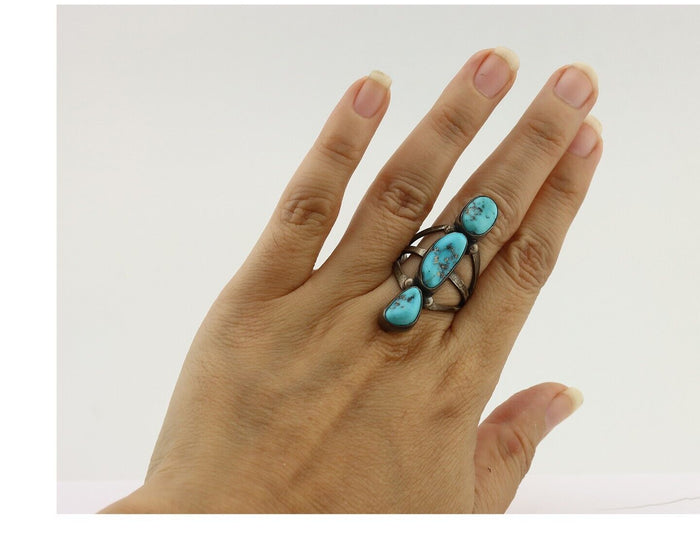 Navajo Ring 925 Silver Natural Blue Turquoise Native American Artist C.80's