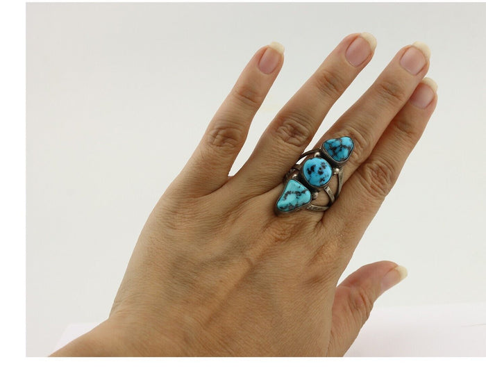 Navajo Ring 925 Silver Natural Blue Turquoise Native American Artist C.80's