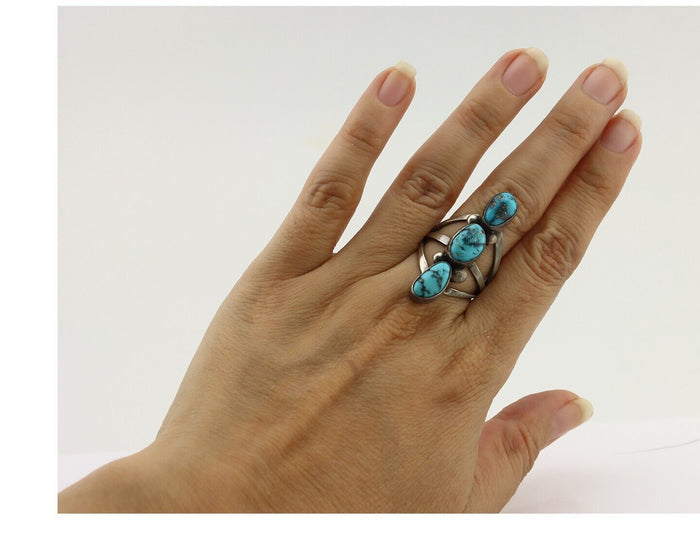 Navajo Ring 925 Silver Natural Blue Turquoise Native American Artist C.80's