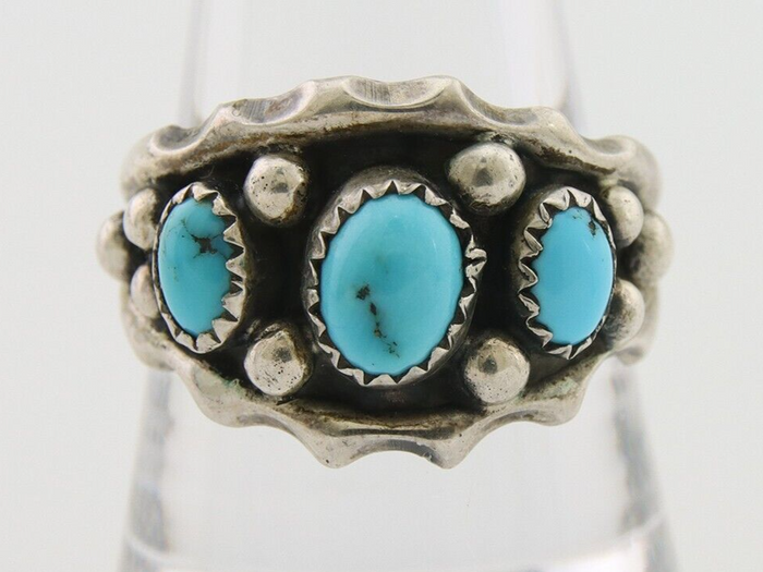 Navajo Ring 925 Silver Natural Blue Turquoise Native Artist Signed SC C.80's