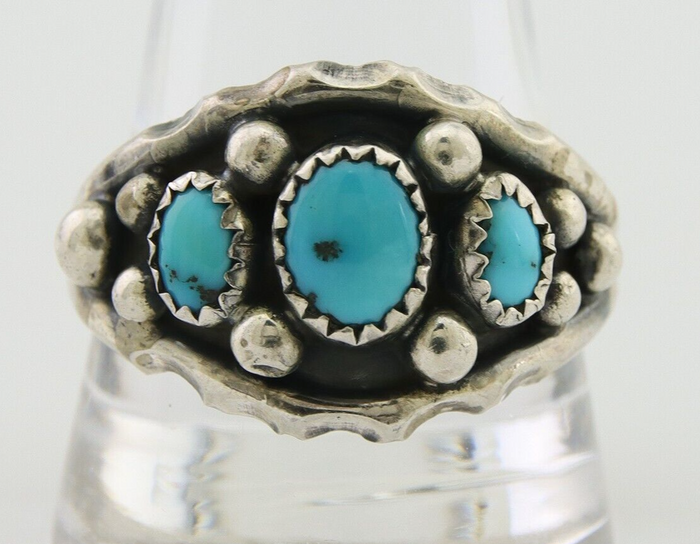 Navajo Ring 925 Silver Natural Blue Turquoise Native Artist Signed SC C.80's
