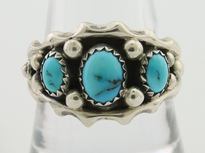 Navajo Ring 925 Silver Natural Blue Turquoise Native Artist Signed SC C.80's