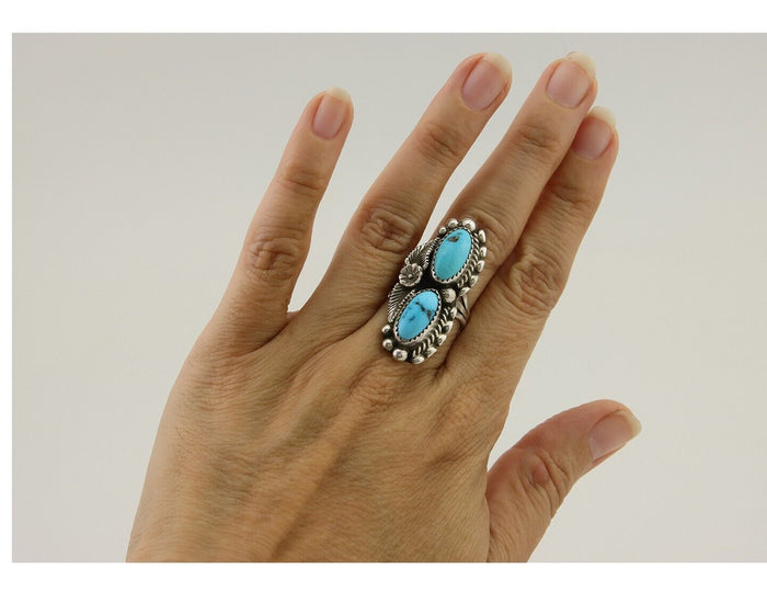 Navajo Ring 925 Silver Natural Blue Turquoise Native Artist Signed SC C.80's