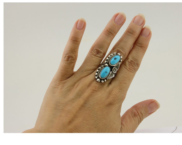 Navajo Ring 925 Silver Natural Blue Turquoise Native Artist Signed SC C.80's