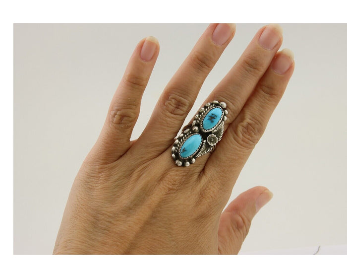 Navajo Ring 925 Silver Natural Blue Turquoise Native Artist Signed SC C.80's