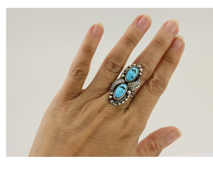 Navajo Ring 925 Silver Natural Blue Turquoise Native Artist Signed SC C.80's