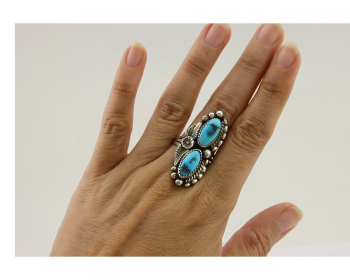 Navajo Ring 925 Silver Natural Blue Turquoise Native Artist Signed SC C.80's