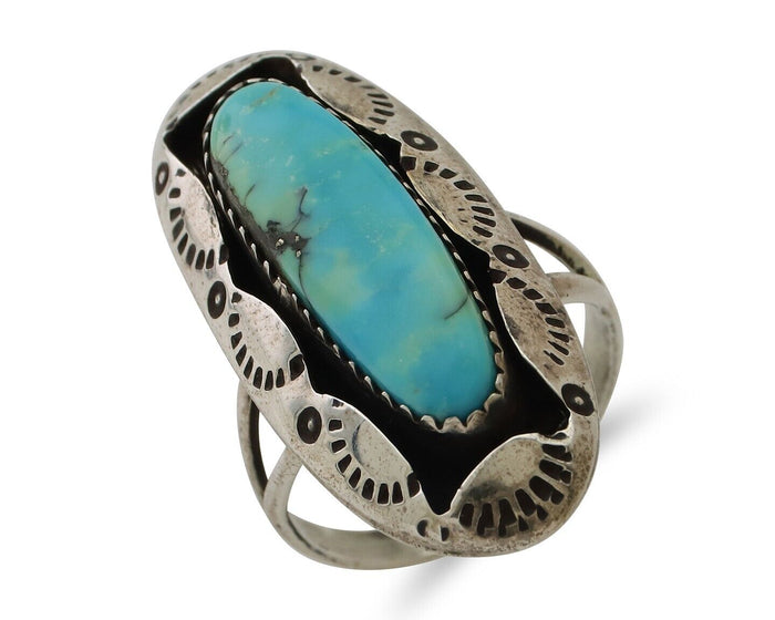 Navajo Ring 925 Silver Natural Blue Turquoise Native Artist Size 8.25 C.80's