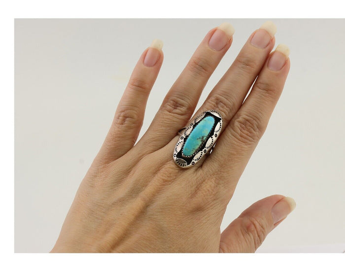 Navajo Ring 925 Silver Natural Blue Turquoise Native Artist Size 8.25 C.80's
