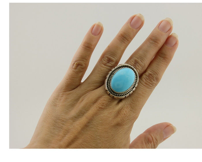 Navajo Ring 925 Silver Natural Blue Turquoise Signed Etsitty C.80's
