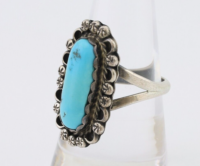 Navajo Ring 925 Silver Natural Blue Turquoise Signed H. Slim & CS C.80's