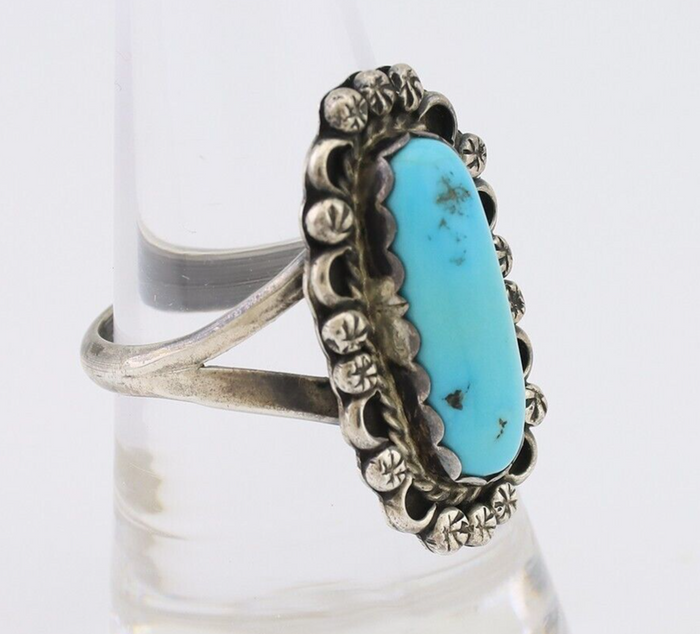 Navajo Ring 925 Silver Natural Blue Turquoise Signed H. Slim & CS C.80's