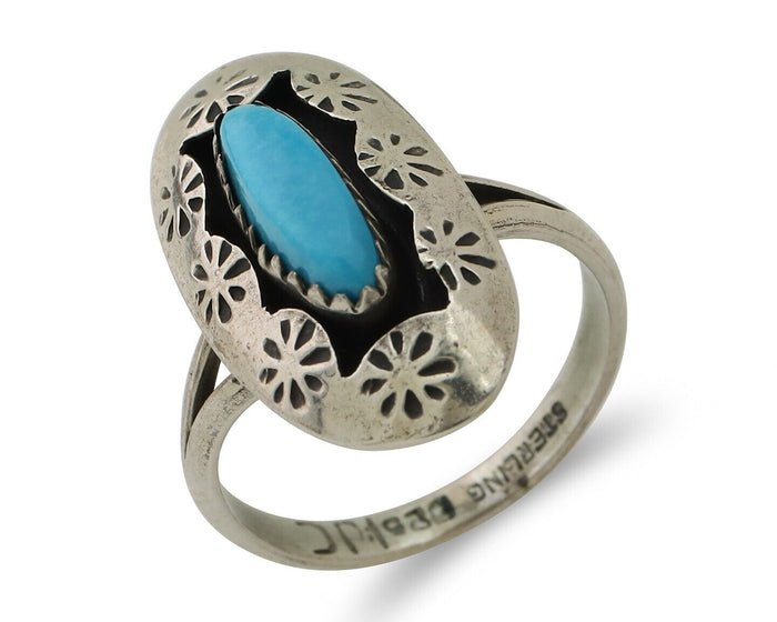 Navajo Ring 925 Silver Natural Blue Turquoise Signed IJC C.80's