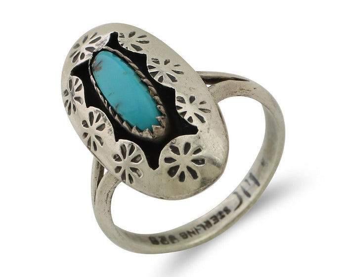 Navajo Ring 925 Silver Natural Blue Turquoise Signed IJC C.80's