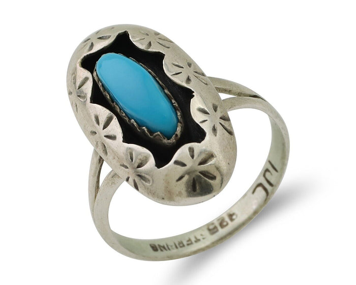 Navajo Ring 925 Silver Natural Blue Turquoise Signed IJC C.80's