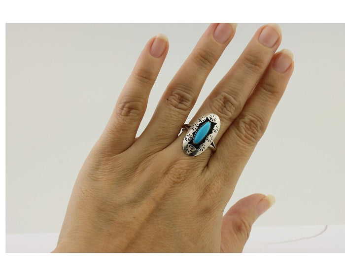 Navajo Ring 925 Silver Natural Blue Turquoise Signed IJC C.80's