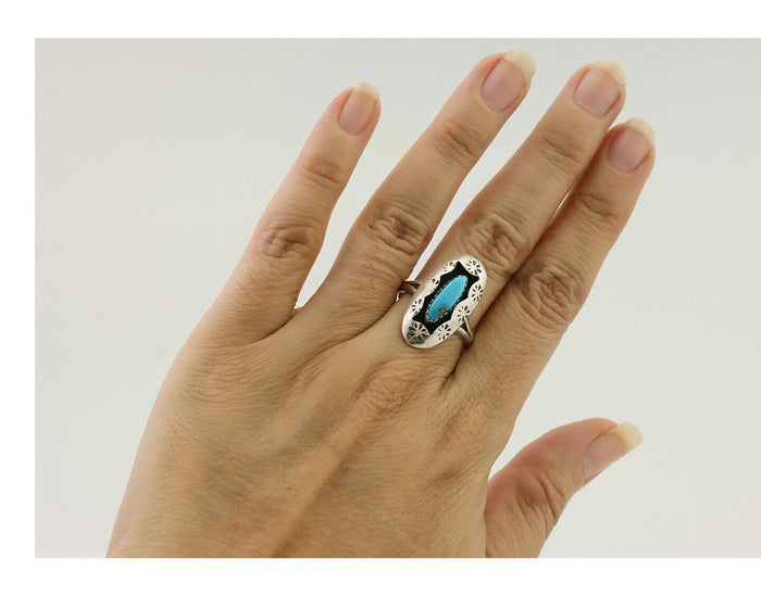 Navajo Ring 925 Silver Natural Blue Turquoise Signed IJC C.80's