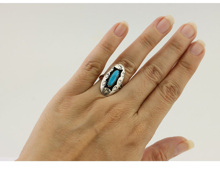 Navajo Ring 925 Silver Natural Blue Turquoise Signed IJC C.80's